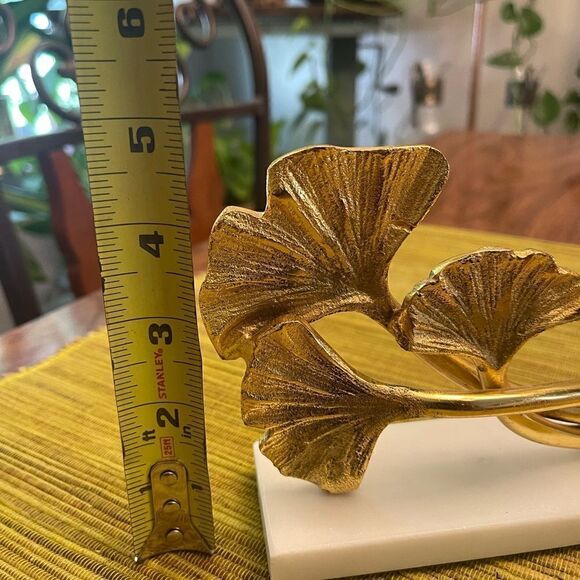 Brass Leaf Paperweight Marble Stone Base 6" - Picture 4 of 6
